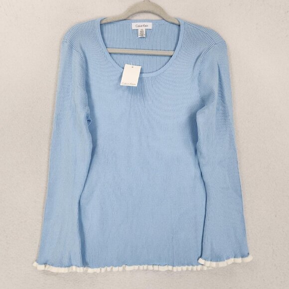 Calvin Klein Sweater Womens Large Blue Ribbed Knit Scoop Neck Lettuce Hem NEW - Picture 1 of 12